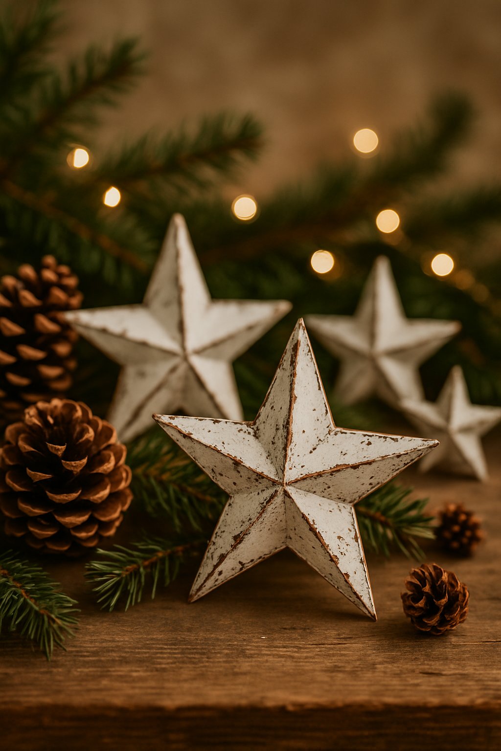 Tin star ornaments with distressed white paint arranged with pinecones and evergreen branches on a wooden surface for Christmas decoration.