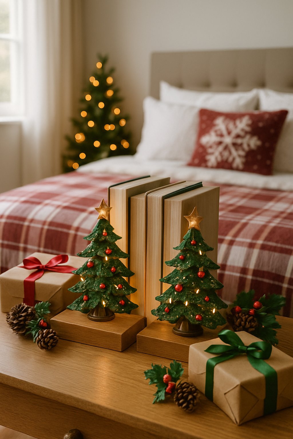 A bedroom with holiday-themed bookends shaped like Christmas trees on a bedside table, surrounded by wrapped presents and festive decorations.