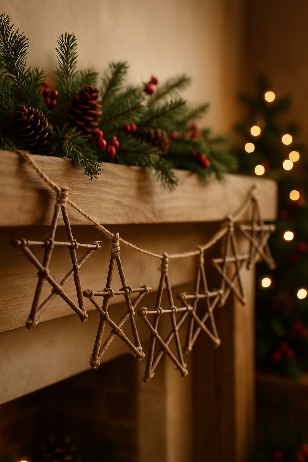 A cozy Christmas scene with handmade twig star garlands hanging on a wooden mantel decorated with pinecones and evergreen branches.