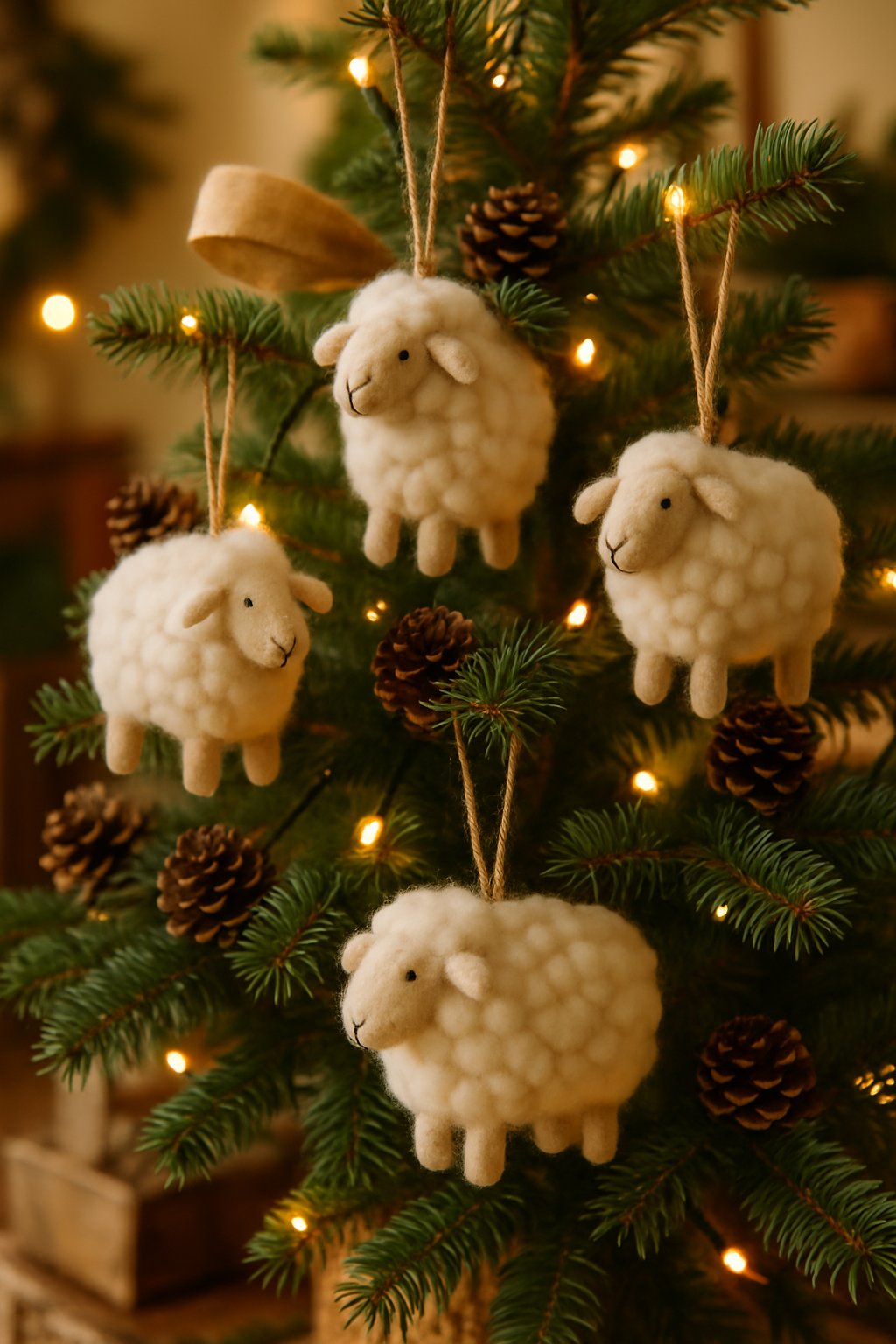 Felted sheep wool ornaments hanging on a rustic Christmas tree branch with pinecones and evergreen sprigs in a cozy farmhouse holiday setting.