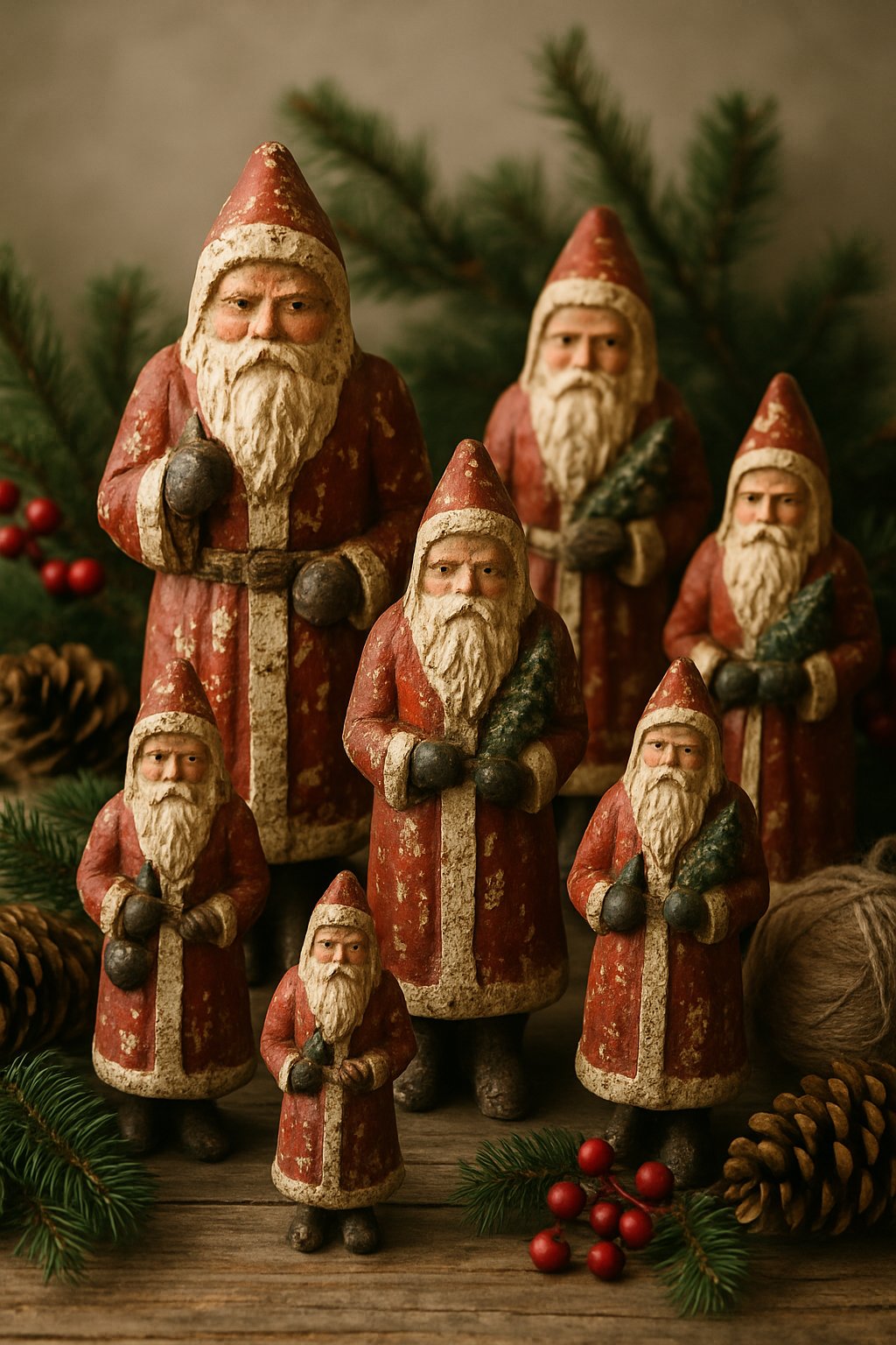 A group of worn Santa Claus figurines displayed with pinecones and evergreen branches on a wooden surface.