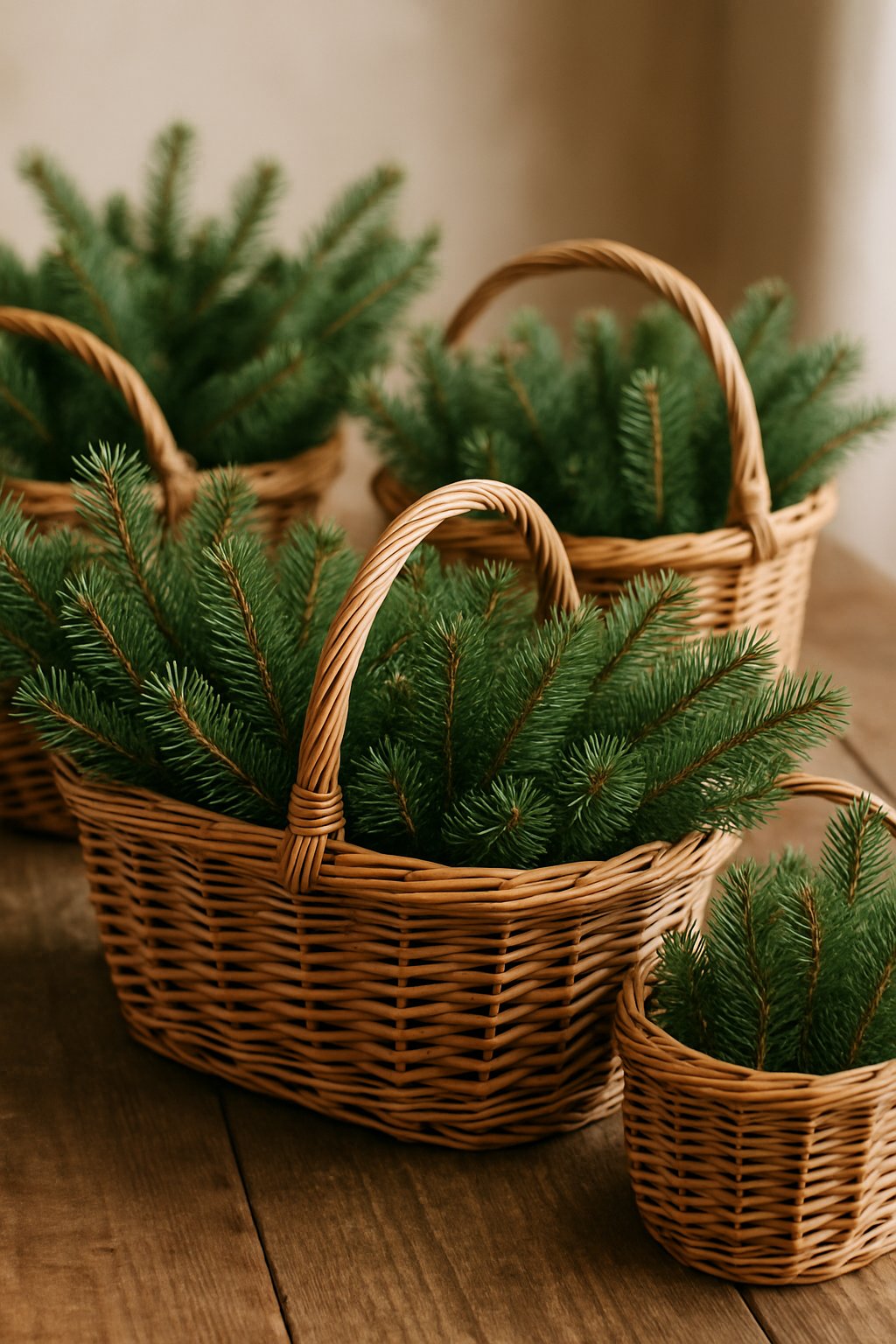 Wicker baskets filled with fresh green pine branches placed on a wooden surface.