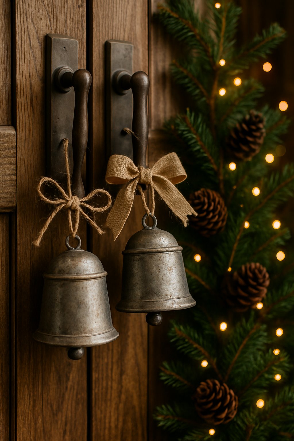 Rustic metal bells hanging on wooden door handles decorated for Christmas with pine branches and warm lights.