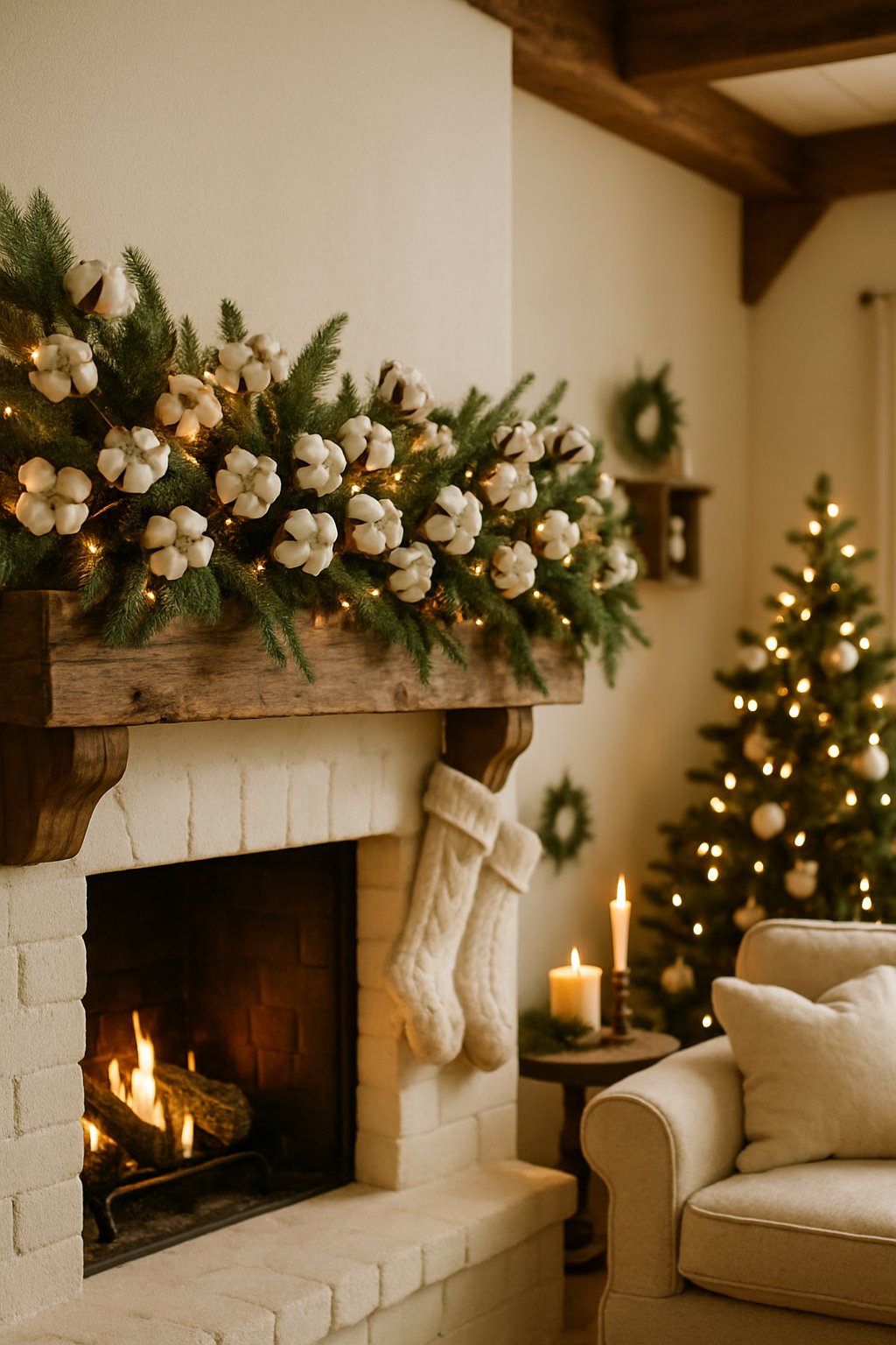 A living room mantel decorated with garlands made of cotton bolls and greenery for Christmas.