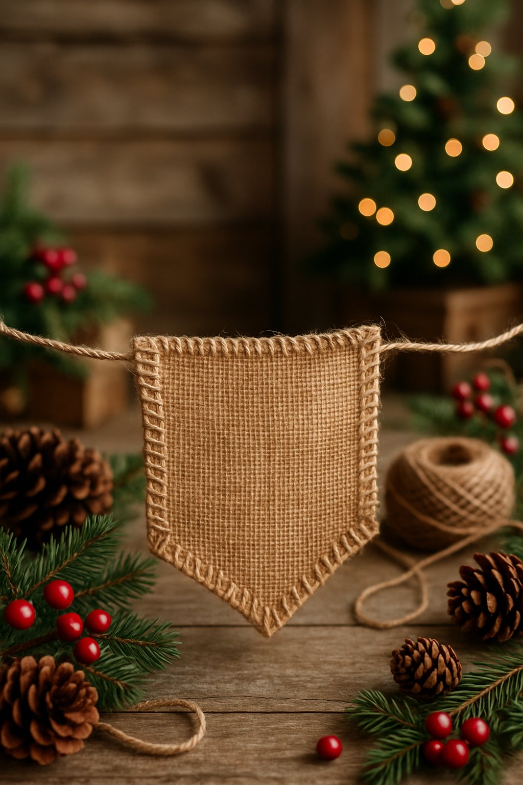 A rustic burlap banner surrounded by Christmas decorations like pinecones, evergreen sprigs, and red berries on a wooden surface.