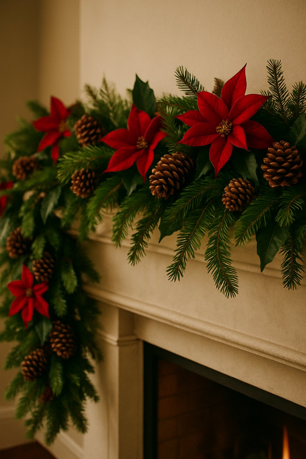 A Christmas mantle decorated with a red and green garland and pinecones.