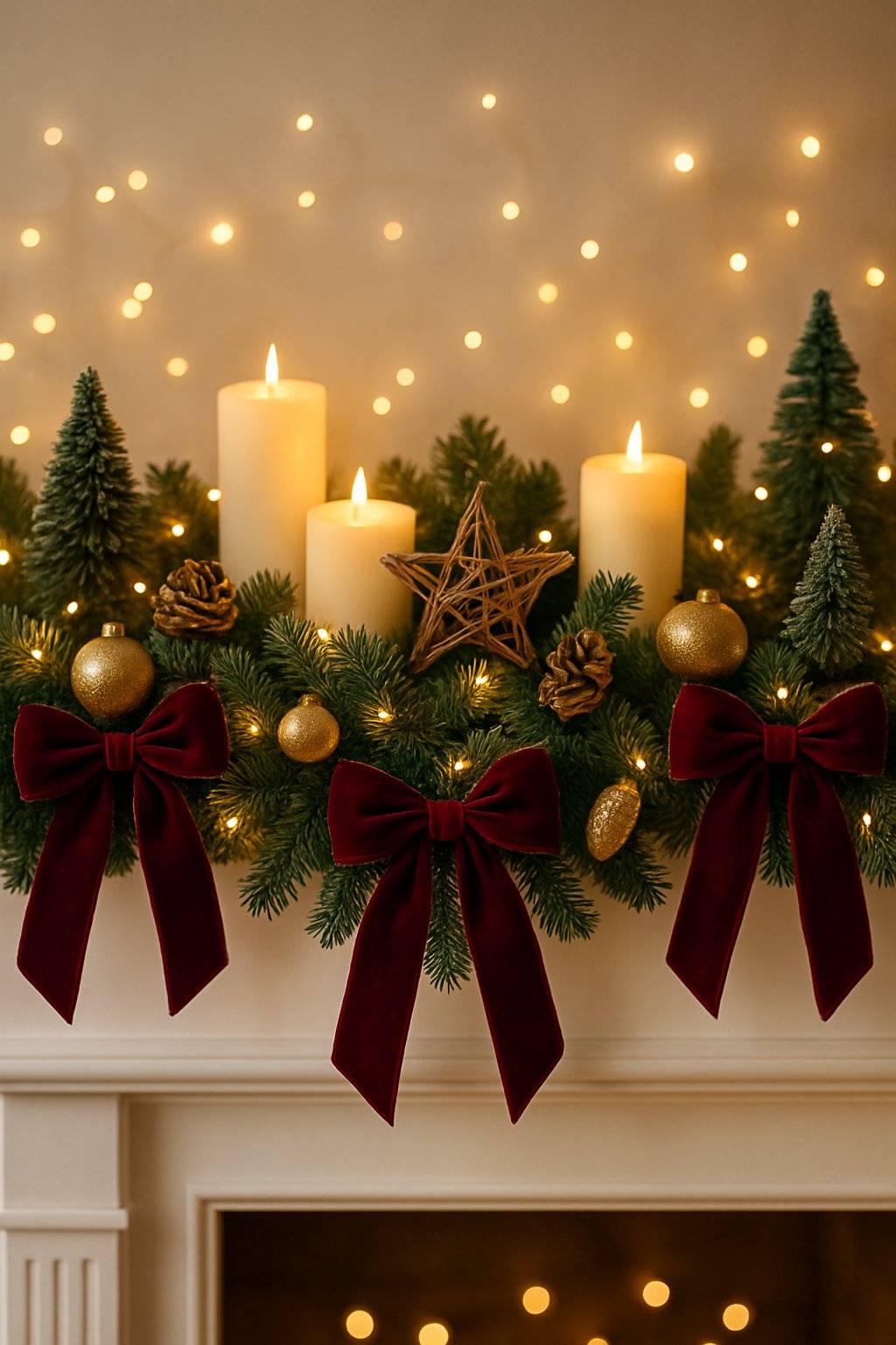 A Christmas mantle decorated with warm white fairy lights and velvet bows, along with various festive ornaments and candles.