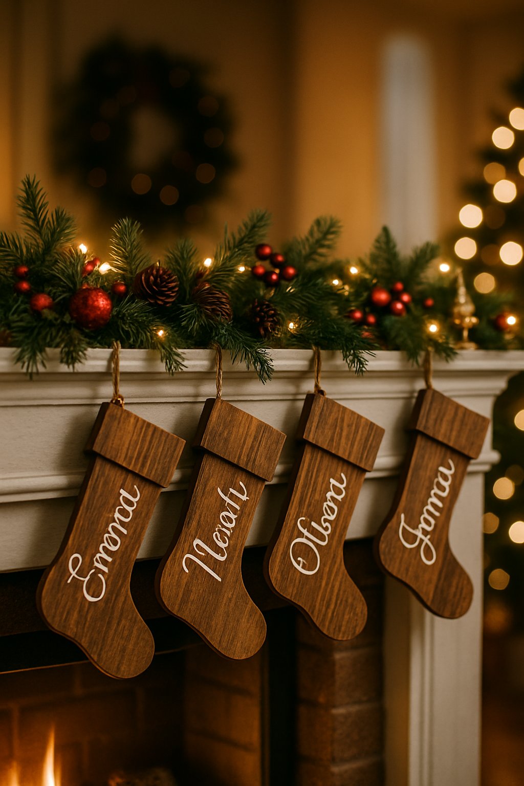 A Christmas mantle decorated with rustic wooden stockings that have hand-painted names, surrounded by greenery, pine cones, and festive ornaments.