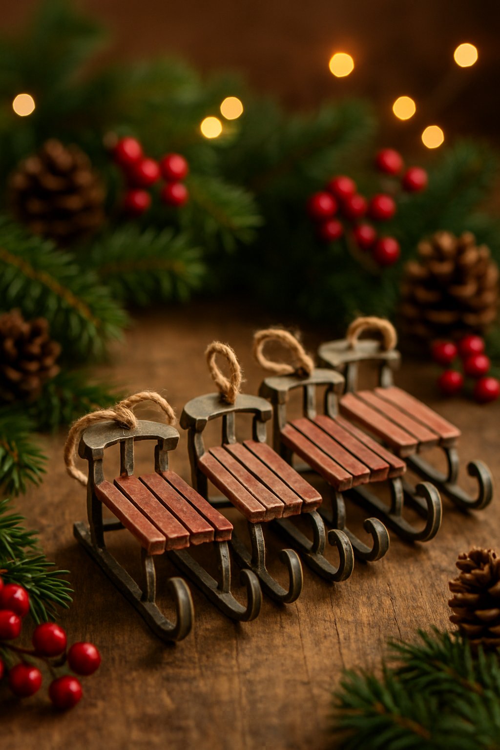 A row of miniature vintage sleds arranged on a wooden surface with Christmas decorations around them.