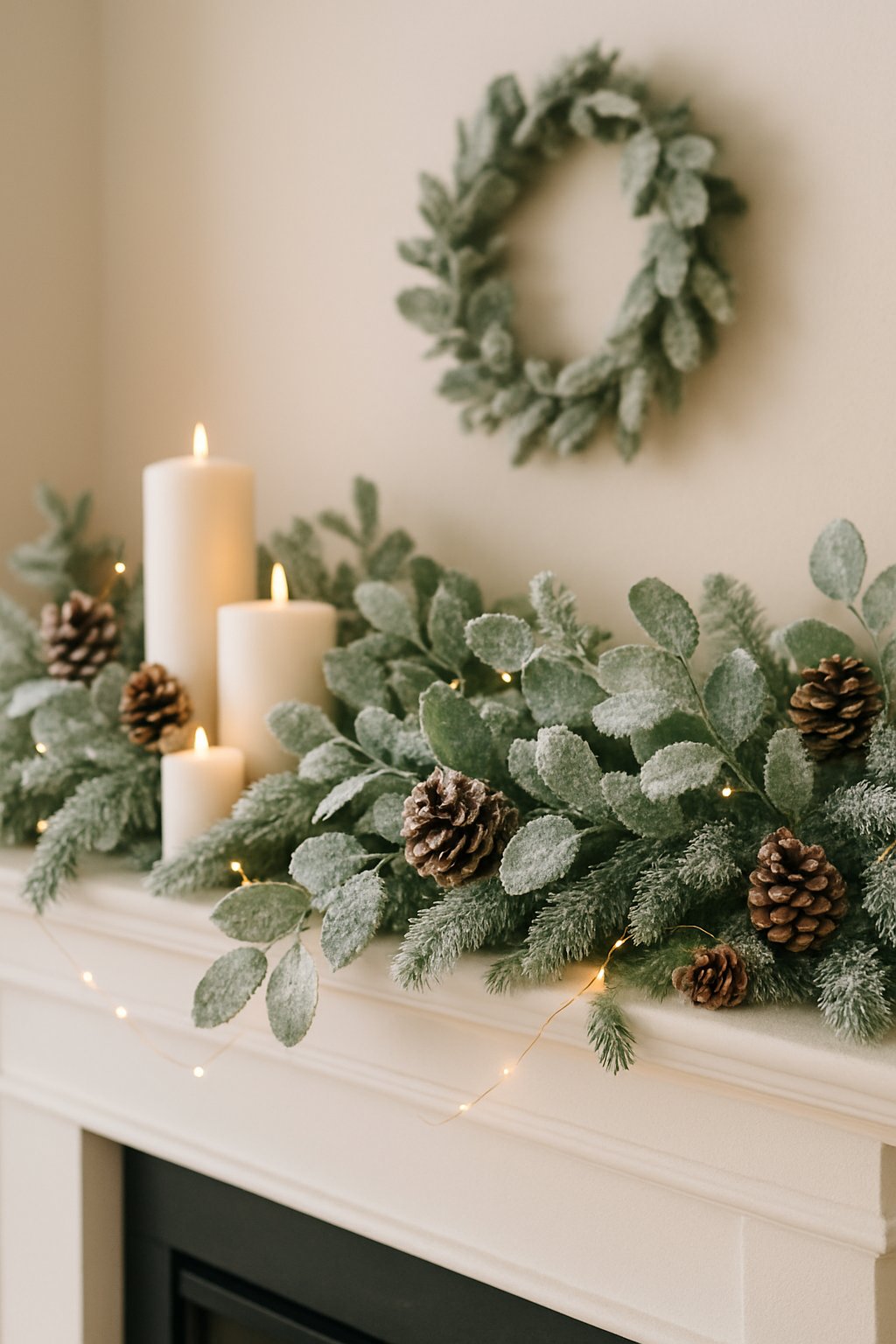 Christmas mantle decorated with snow-dusted eucalyptus branches, pinecones, candles, and fairy lights.