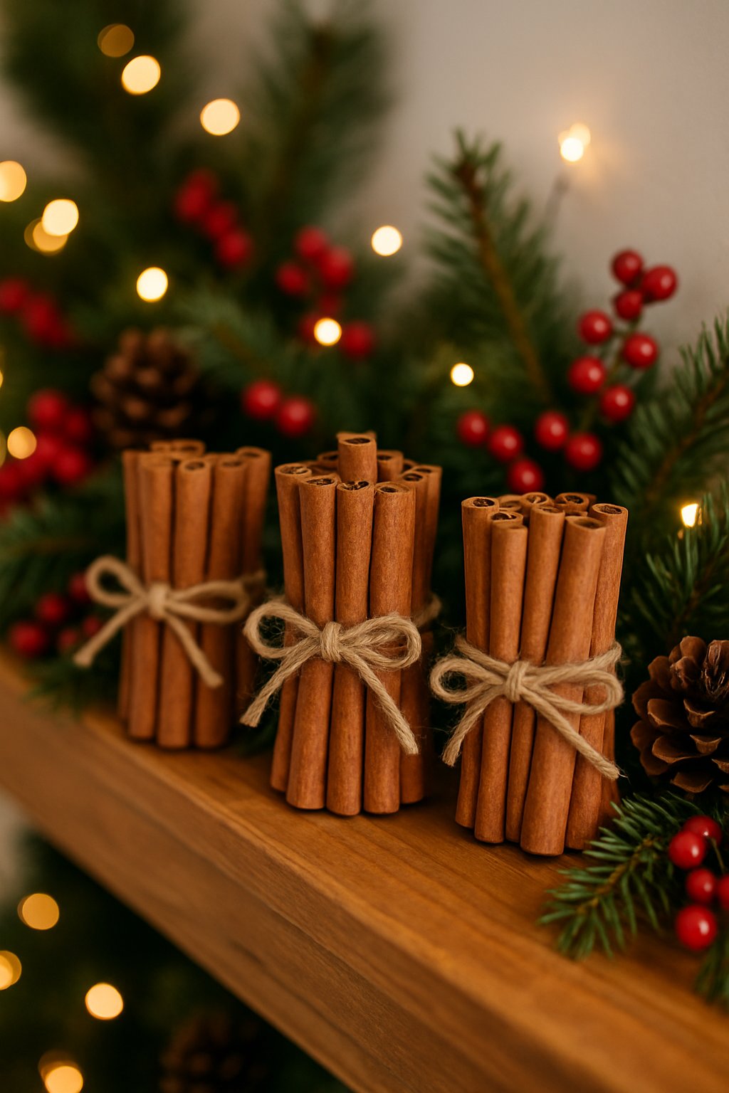 Bundles of cinnamon sticks tied with twine arranged on a wooden mantel decorated with pine branches, red berries, and pinecones.