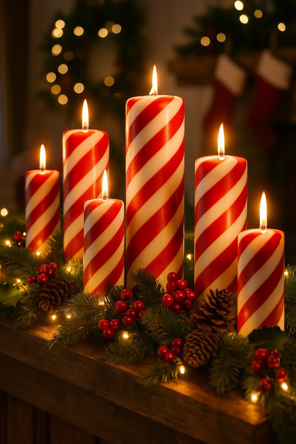 A Christmas mantle decorated with large red and white striped candy cane candles, pine garlands, holly berries, and pine cones with warm lighting.