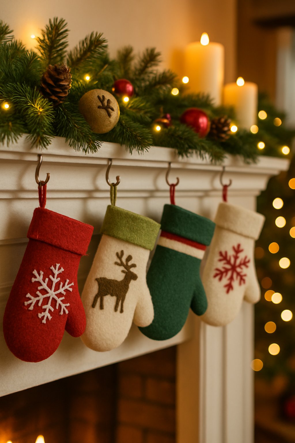 Handcrafted felt mittens hanging from hooks on a decorated Christmas mantle with garlands, lights, and ornaments.