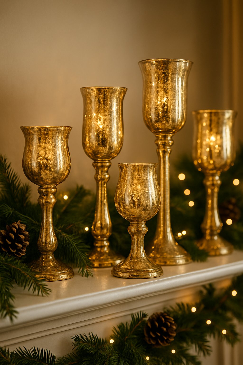 Gold mercury glass candle holders arranged on a Christmas mantle decorated with greenery and fairy lights.