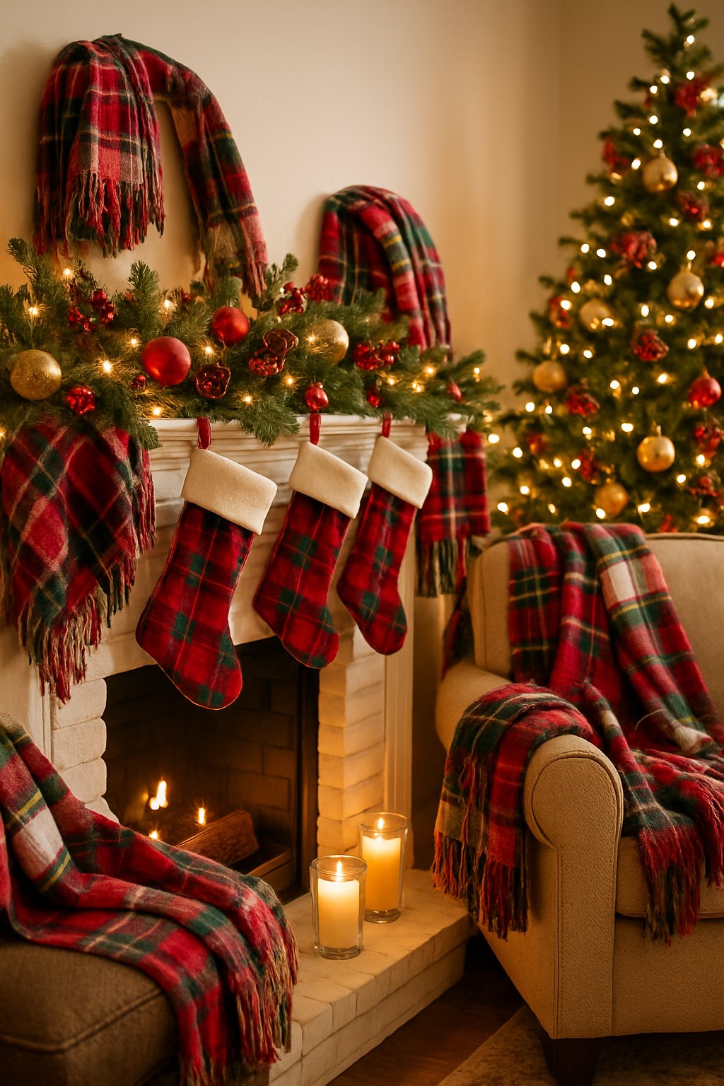 A Christmas mantle decorated with garlands, stockings, candles, and plaid throw blankets in a cozy living room.