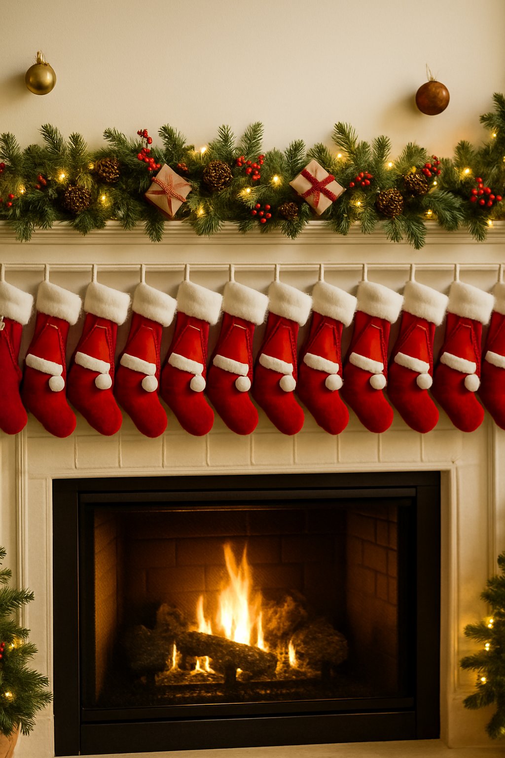 A Christmas mantle decorated with 15 red Santa hat stockings with fluffy white trim, green garlands, pine cones, and warm white lights.