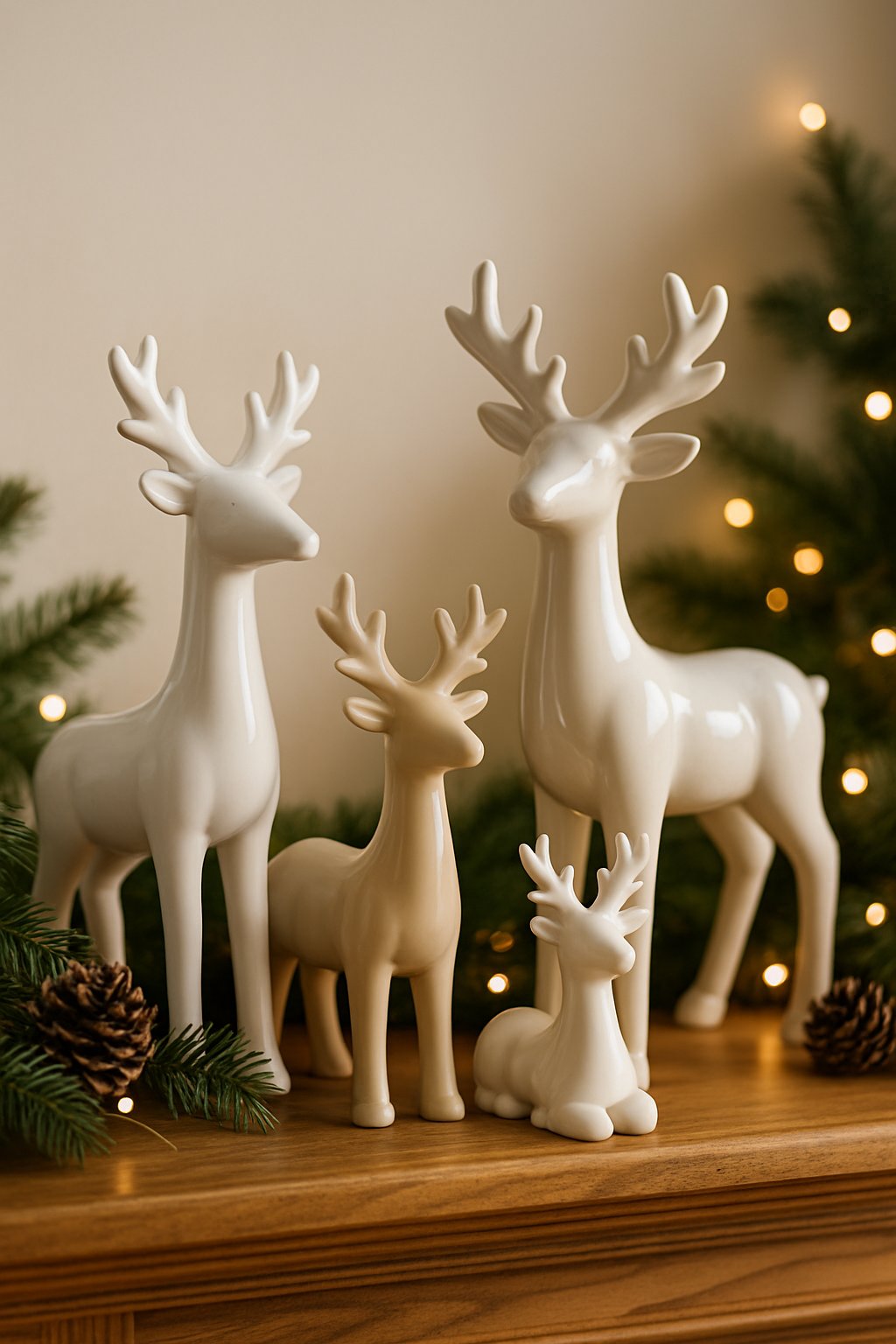 A group of ceramic reindeer figurines arranged on a wooden mantle with pine branches and soft holiday lights.