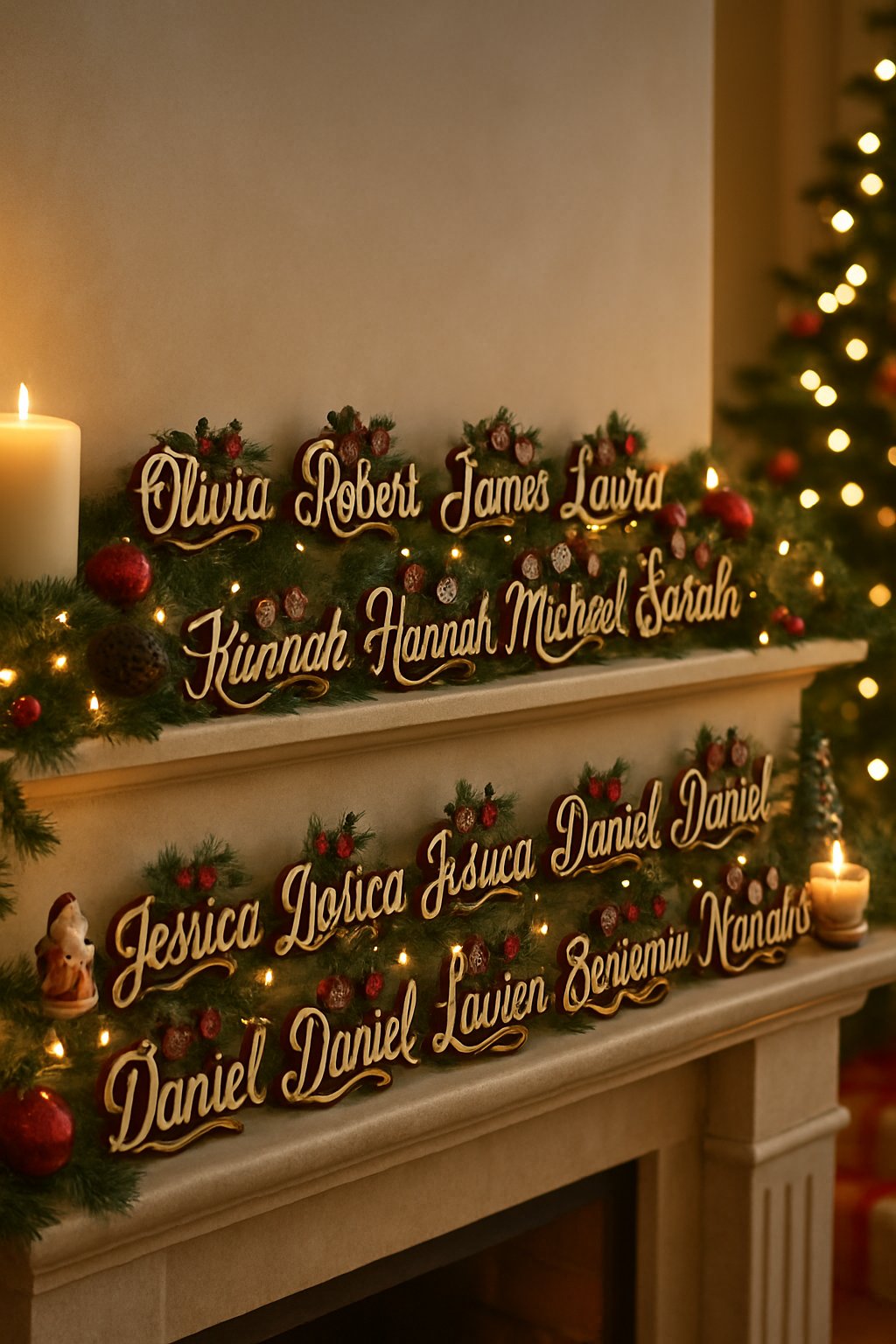 A Christmas mantle decorated with fifteen personalized name plaques surrounded by festive holiday decorations like garlands, lights, and ornaments.