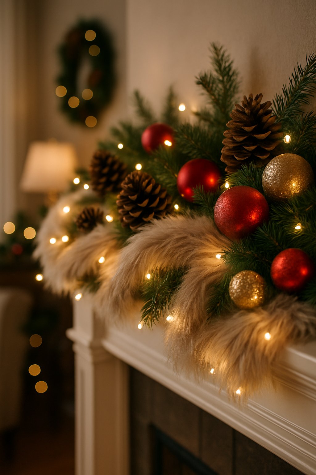 A Christmas mantle decorated with a faux fur garland and twinkle lights, surrounded by holiday ornaments and pinecones.