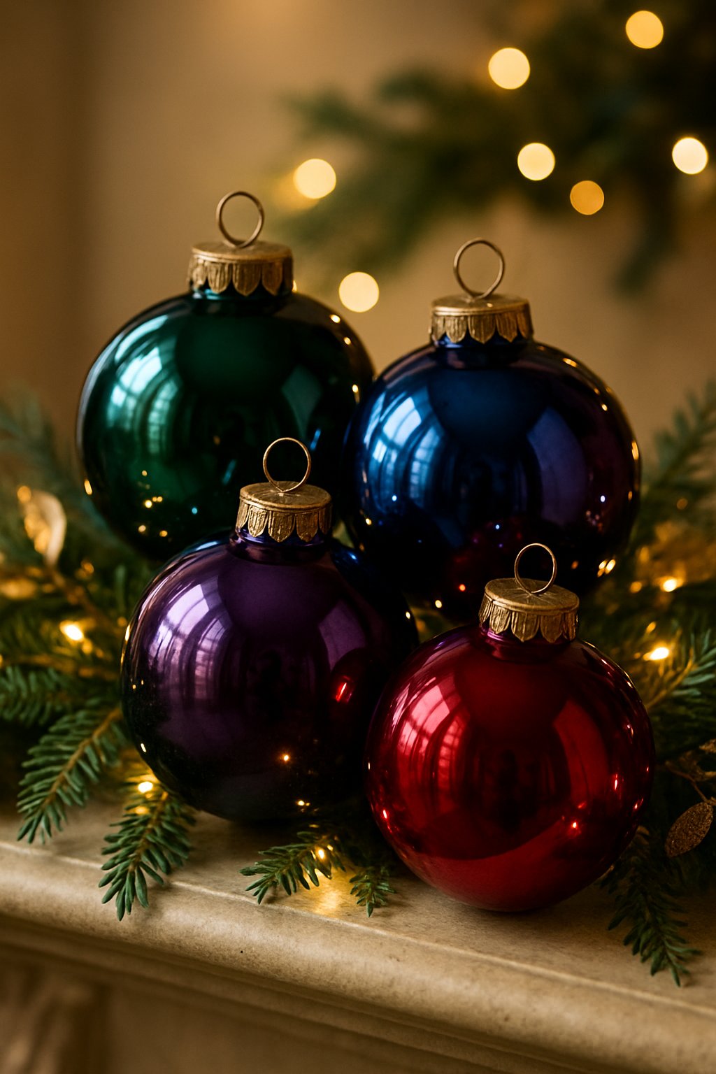 Clustered glass Christmas ornaments in jewel tones arranged on a decorated mantle with greenery and warm lights.
