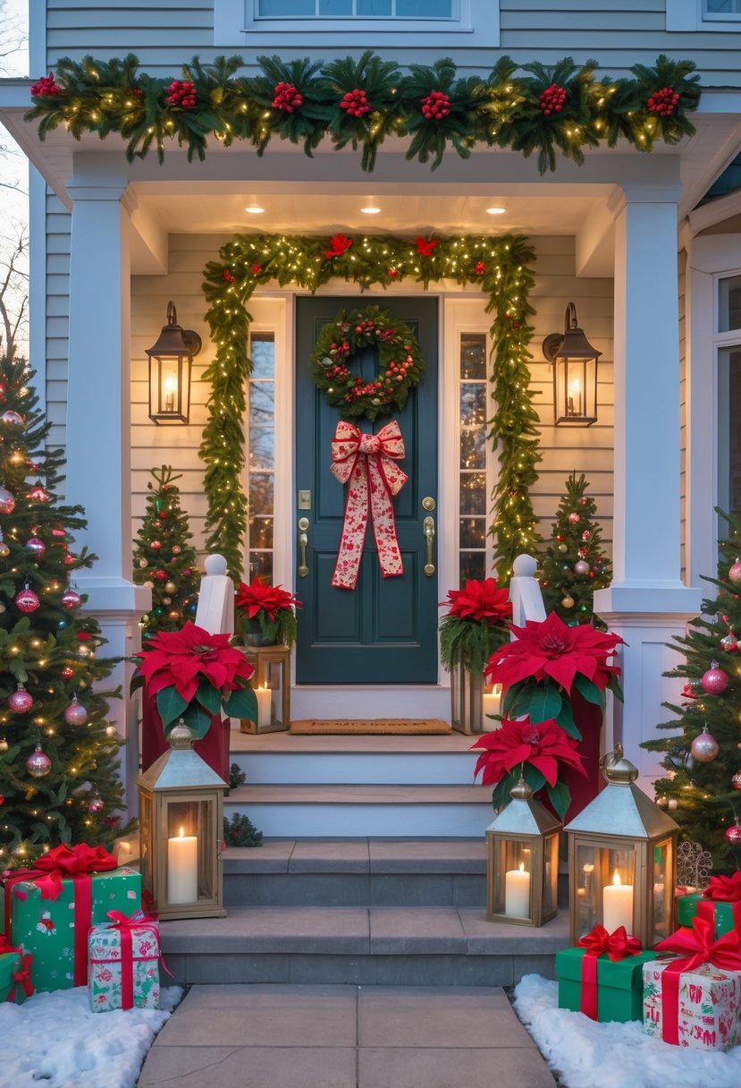 A front door decorated with Christmas wreaths, garlands, lanterns, poinsettias, and wrapped gifts creating a festive holiday entryway.