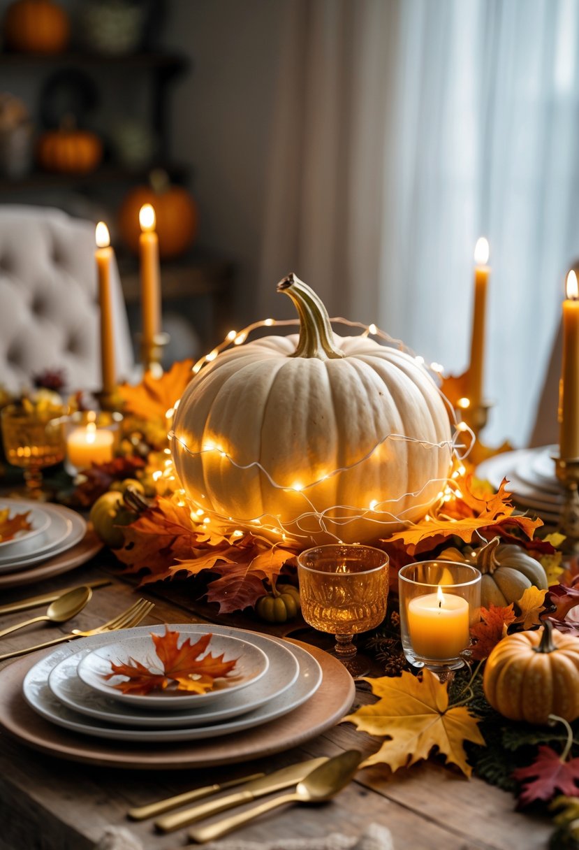 A Thanksgiving table with a pumpkin centerpiece decorated with fairy lights, surrounded by autumn leaves, gourds, candles, and tableware.