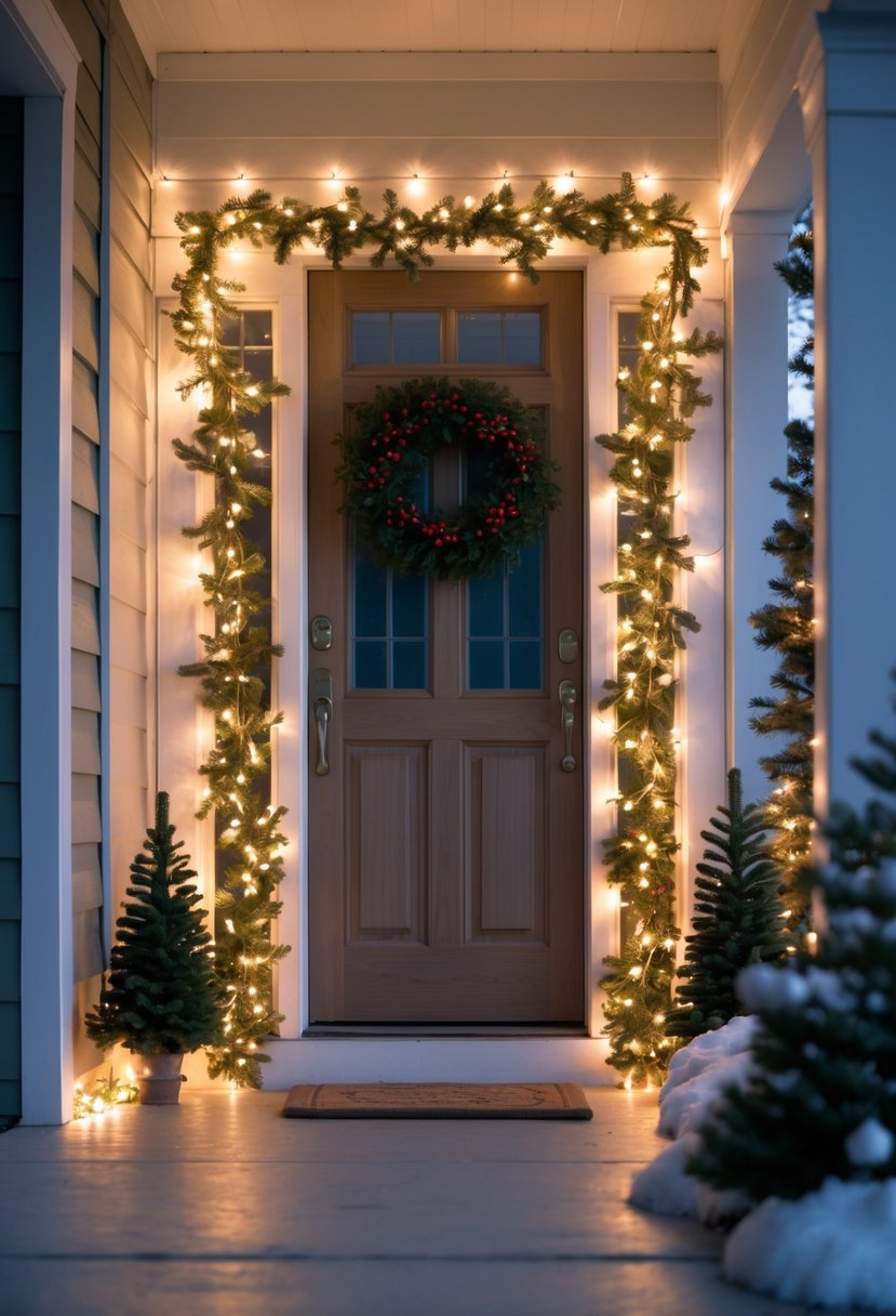 A wooden door framed by twinkling fairy lights and decorated with a green wreath and pine garland, creating a festive Christmas entryway.