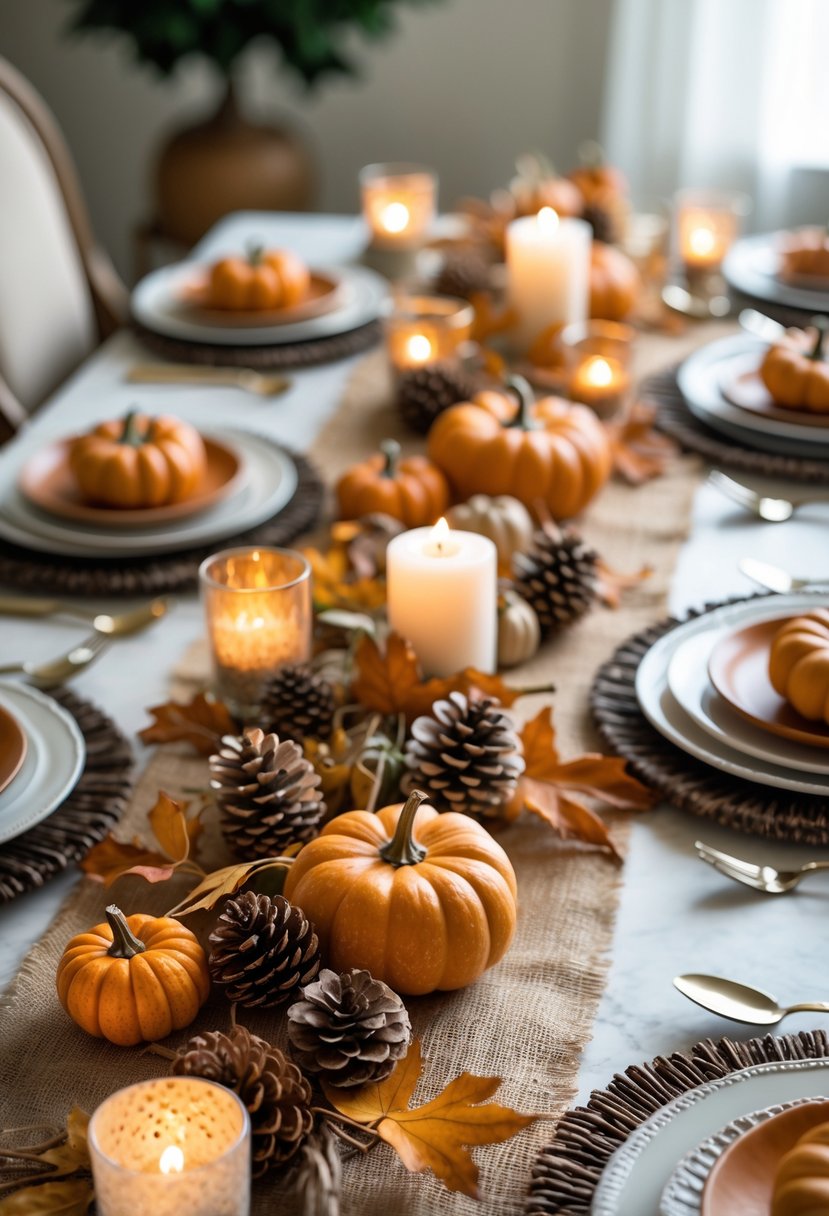 A Thanksgiving table set with a burlap table runner, autumn decorations, plates, and candles.