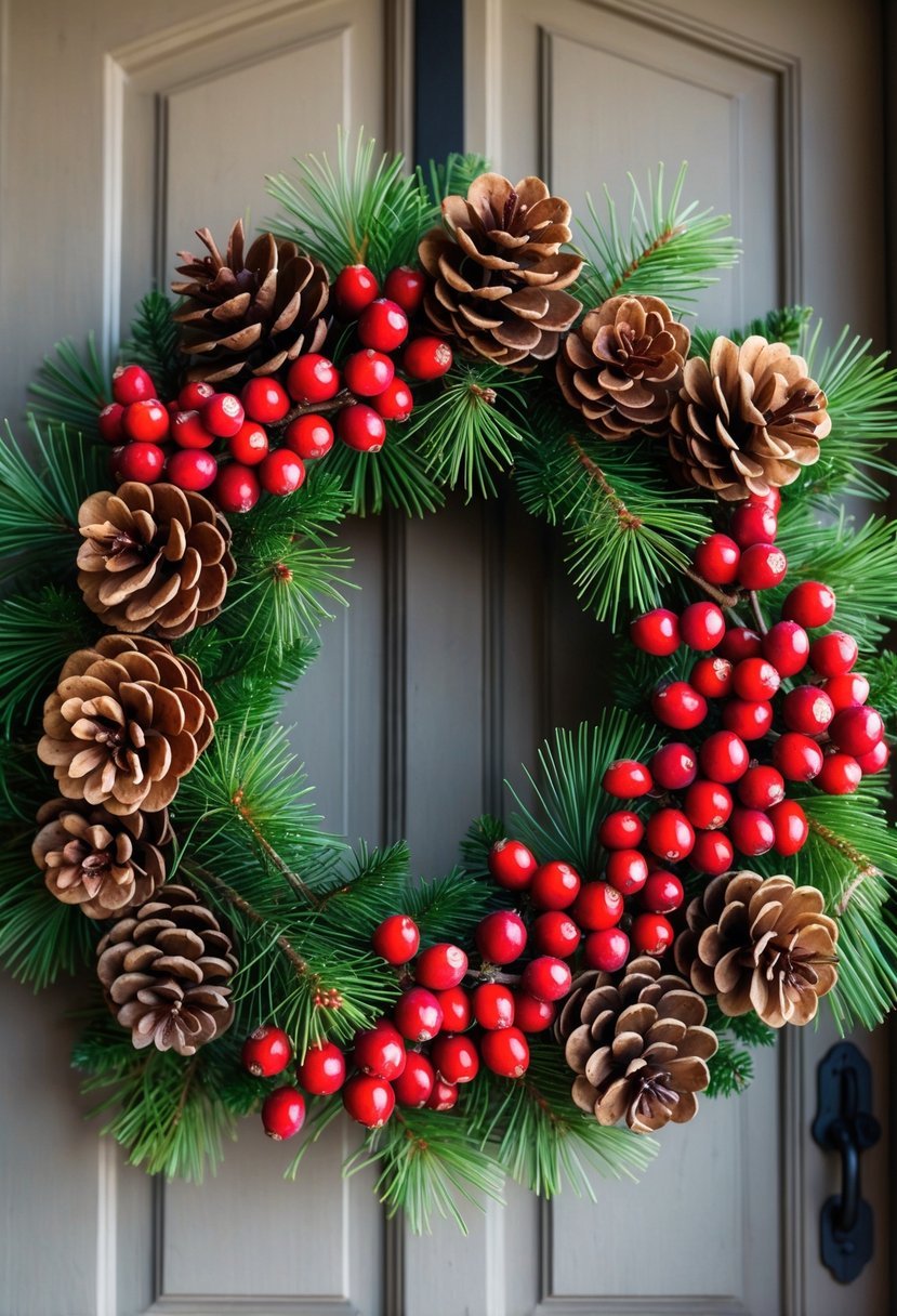 A wreath made of fresh pine cones and red cranberries hanging on a wooden door.