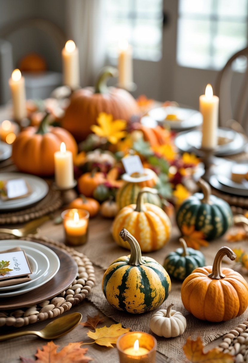 A Thanksgiving table decorated with 13 mini gourds used as place card holders among autumn leaves, pumpkins, and candles.