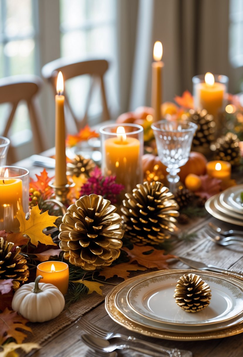 A Thanksgiving table decorated with gold-painted pinecones, candles, pumpkins, fall leaves, and elegant place settings.