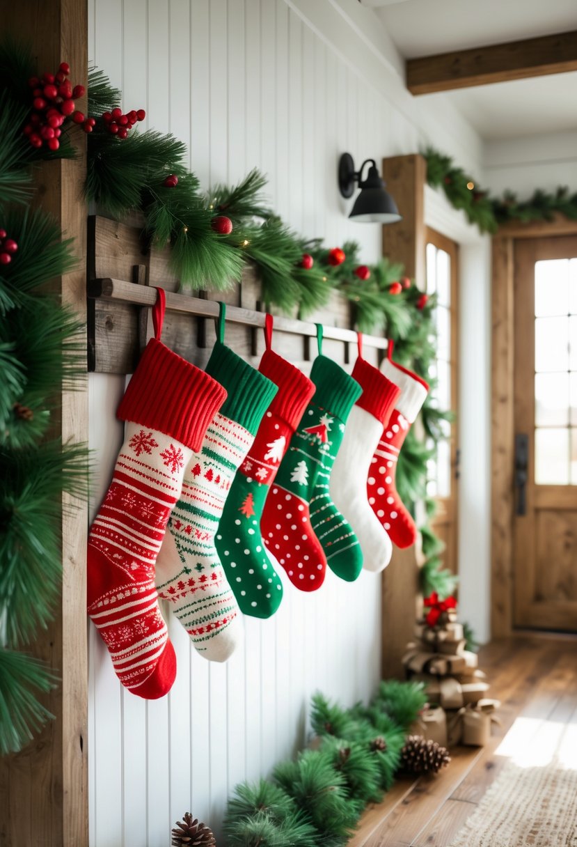 A farmhouse entryway with a wooden rack holding colorful Christmas stockings and festive decorations.