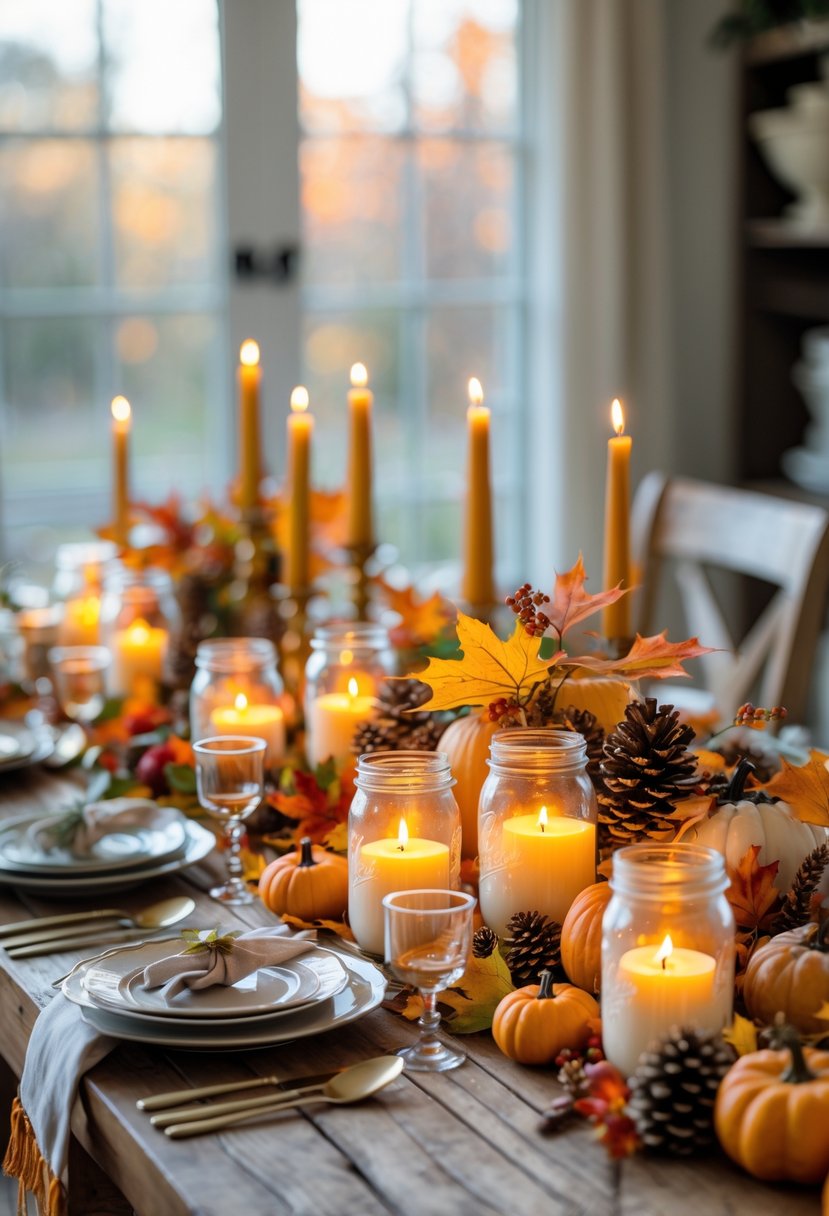 A Thanksgiving dining table decorated with 13 mason jar candle holders surrounded by autumn leaves, pumpkins, and seasonal decorations.