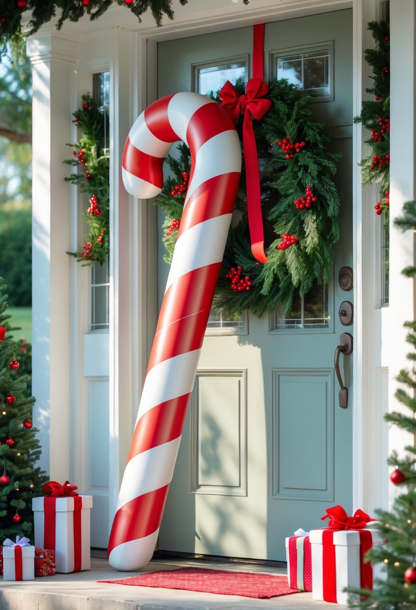 A giant red and white candy cane prop leaning against a front door decorated with a green wreath and holiday decorations on a porch.