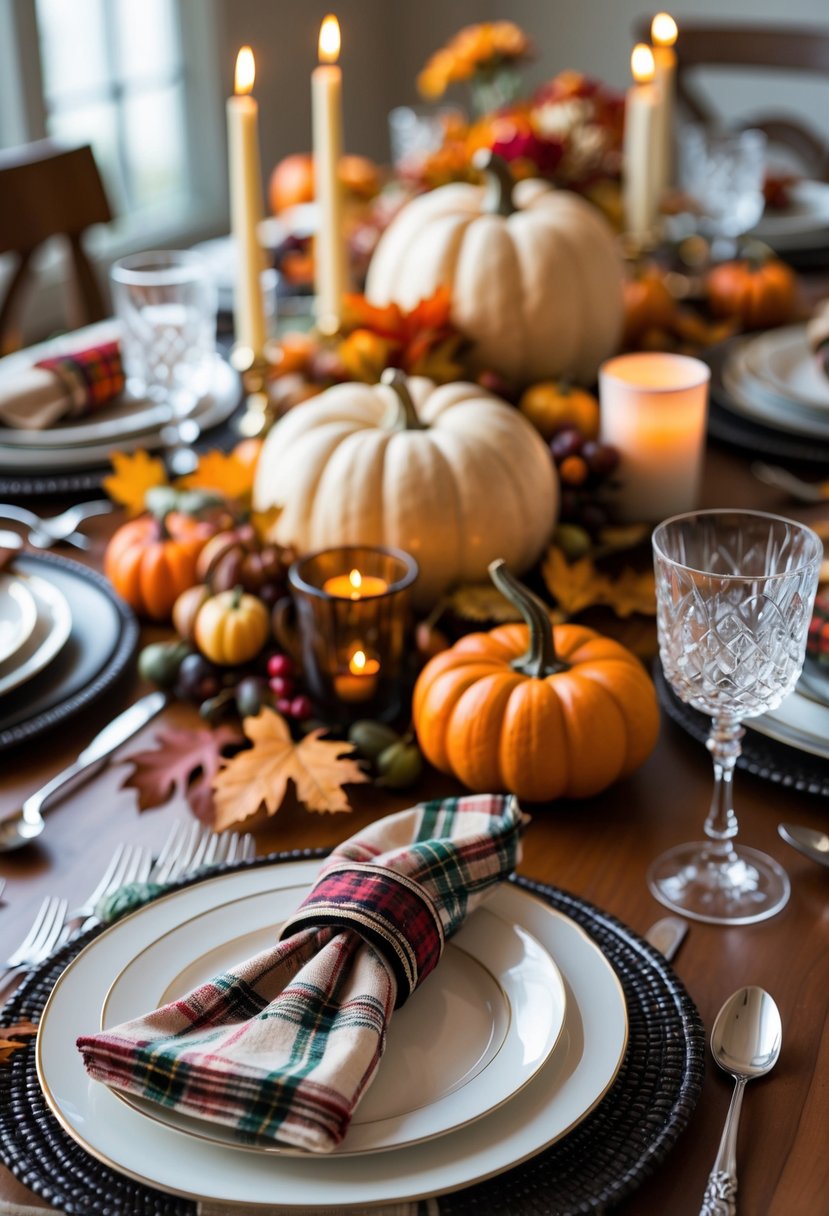 A Thanksgiving dining table set with plaid napkin rings, autumn decorations, plates, silverware, and candles.