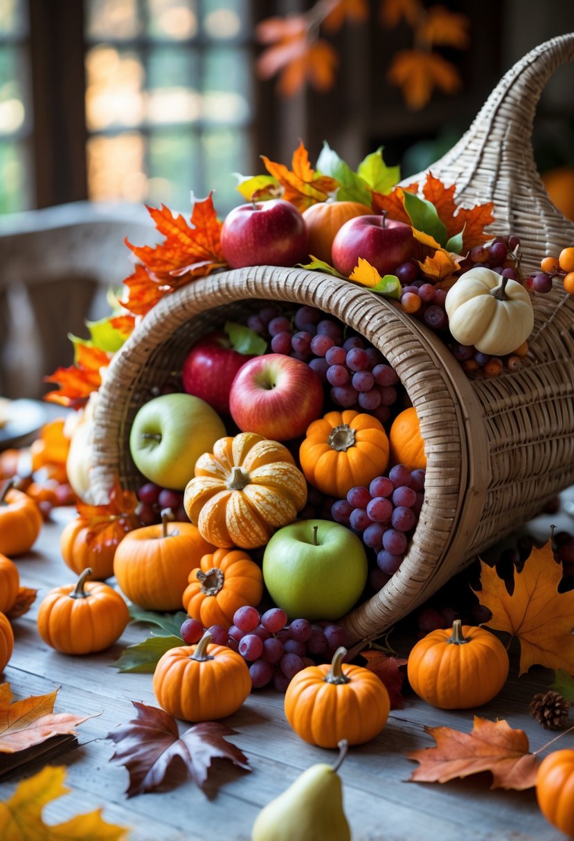 A cornucopia basket overflowing with various fresh fruits on a wooden table decorated for Thanksgiving.
