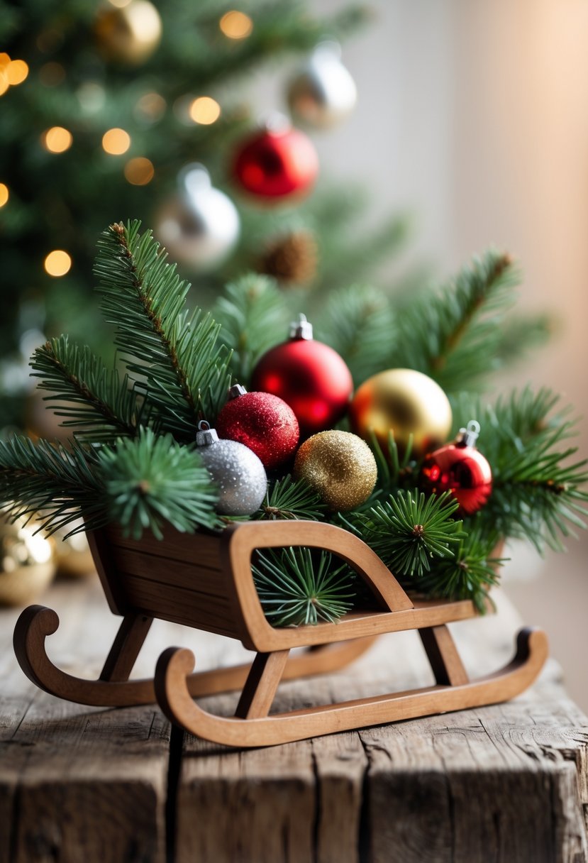 A miniature wooden sleigh filled with pine branches and colorful Christmas ornaments on a wooden surface.