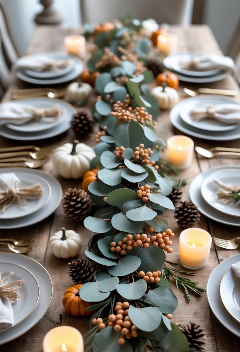 A Thanksgiving table decorated with eucalyptus sprigs and berries, surrounded by autumnal elements like pumpkins and candles.
