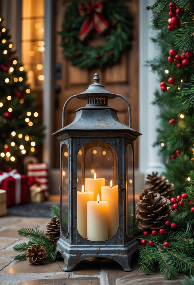 A vintage lantern with flameless candles inside surrounded by Christmas decorations in an entryway.