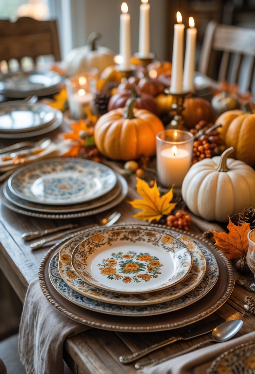 A Thanksgiving table set with a mix of vintage china plates and autumn decorations including pumpkins and candles.