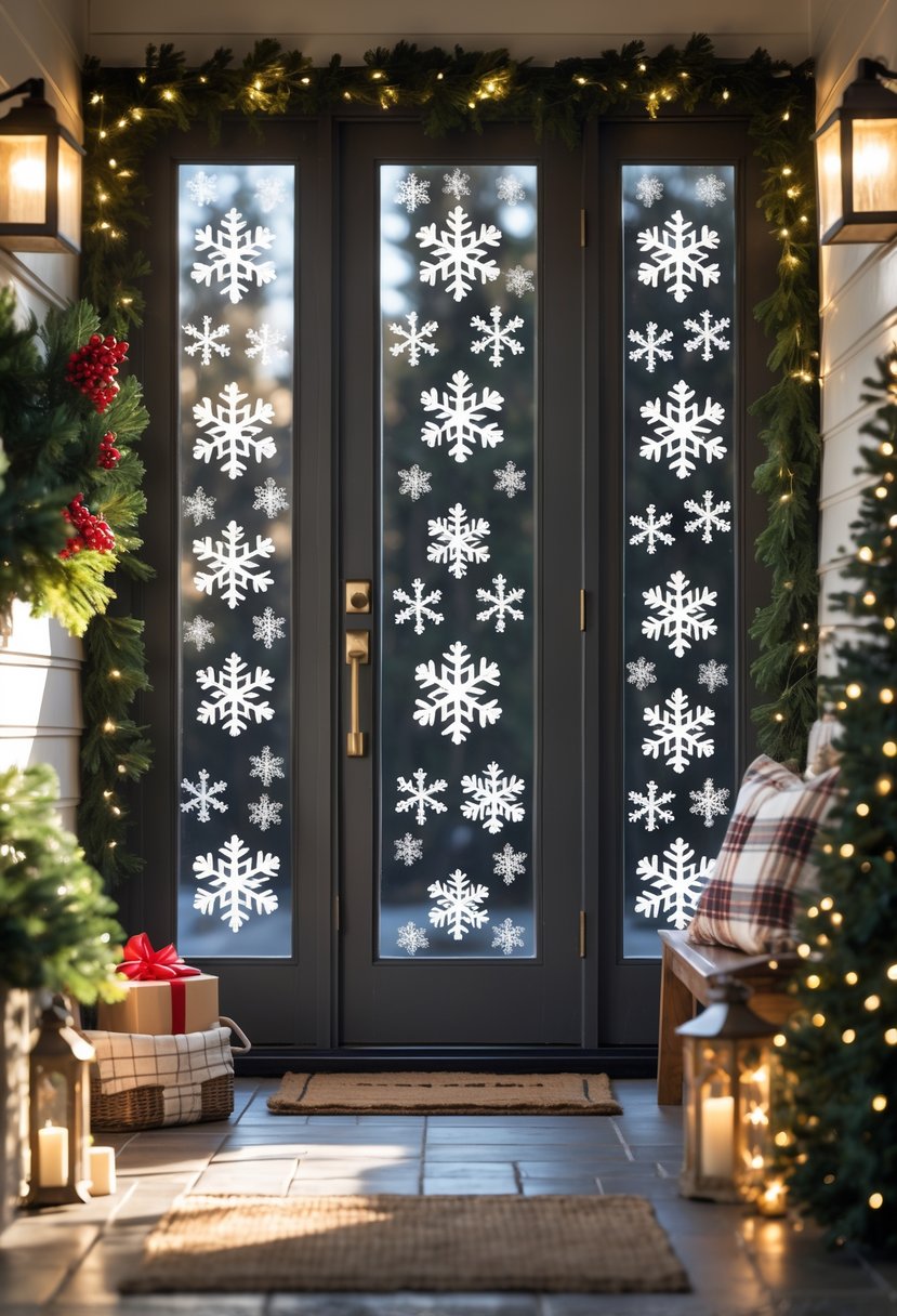 Front door decorated with snowflake window clings catching sunlight, surrounded by Christmas wreath, garlands, and festive decorations.