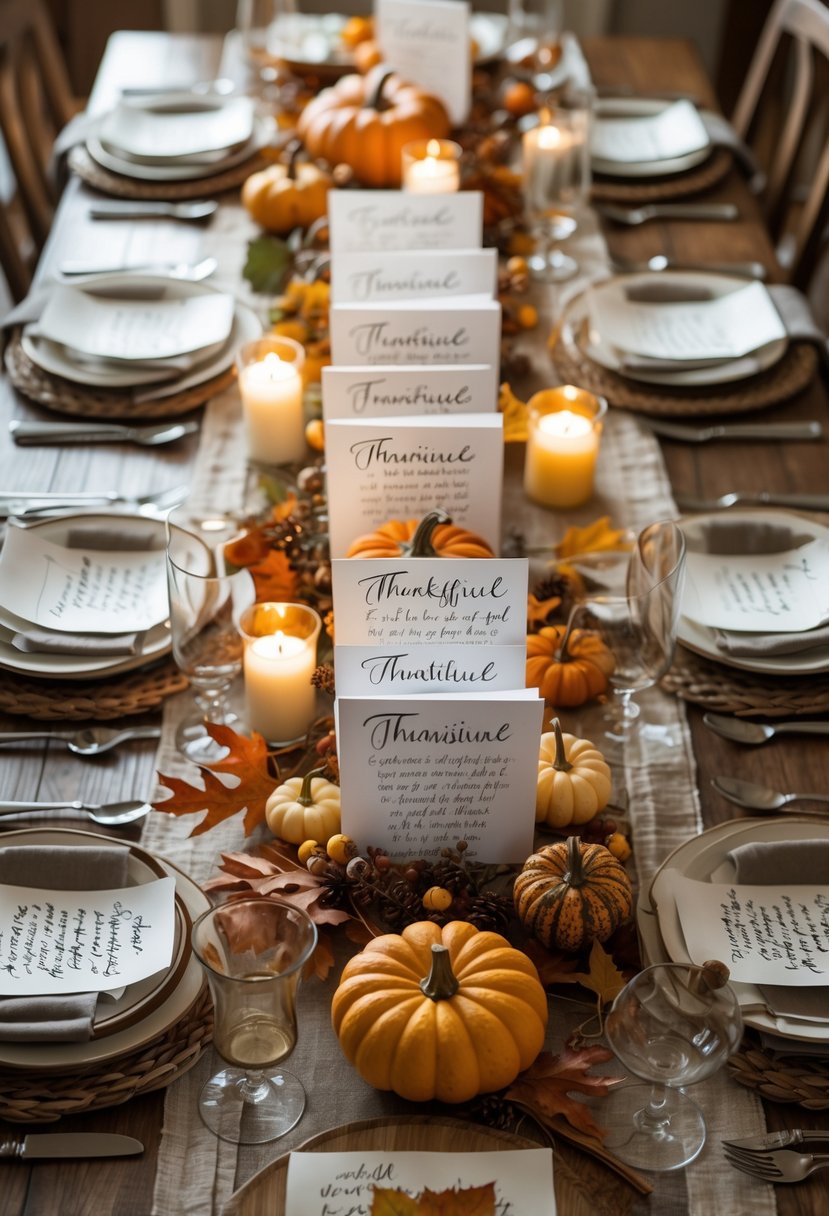 A Thanksgiving table set with 13 place settings, each featuring a handwritten gratitude card and autumn decorations like pumpkins, candles, and fall leaves.