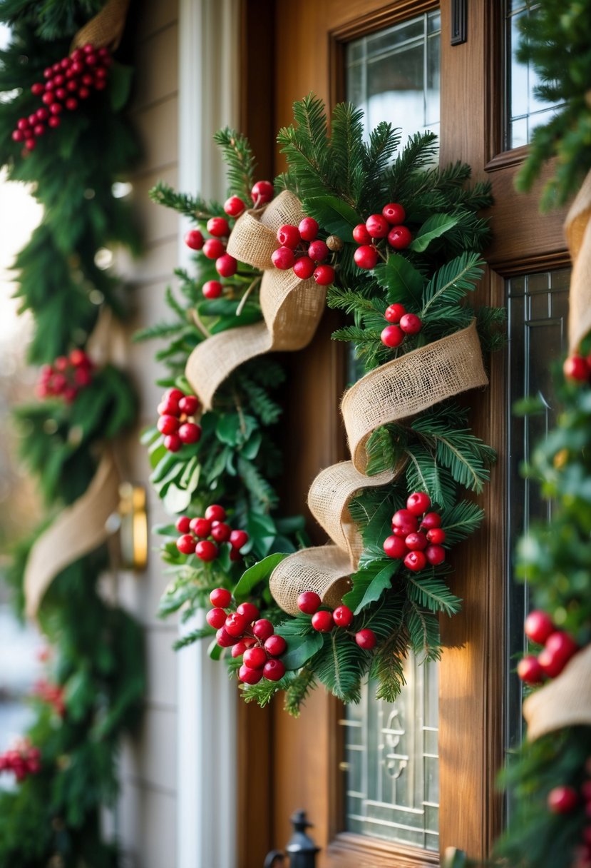 A Christmas garland decorated with red berries and burlap ribbon hanging on a wooden entryway door.