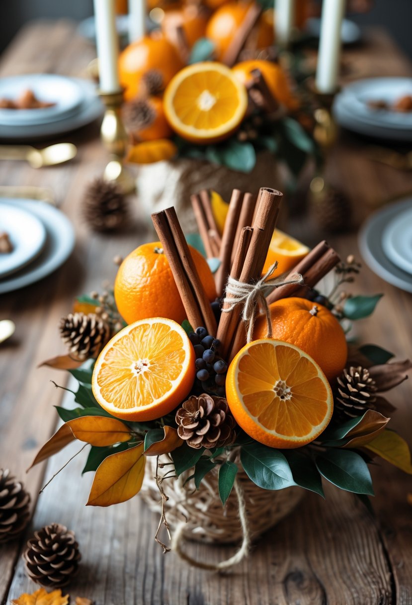 A Thanksgiving table decorated with orange slices and cinnamon stick bouquets surrounded by autumn leaves and pinecones.
