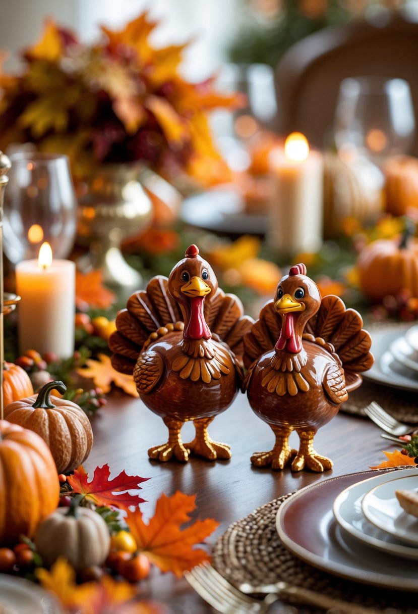 Turkey-shaped salt and pepper shakers on a decorated Thanksgiving dining table with autumn leaves and pumpkins.
