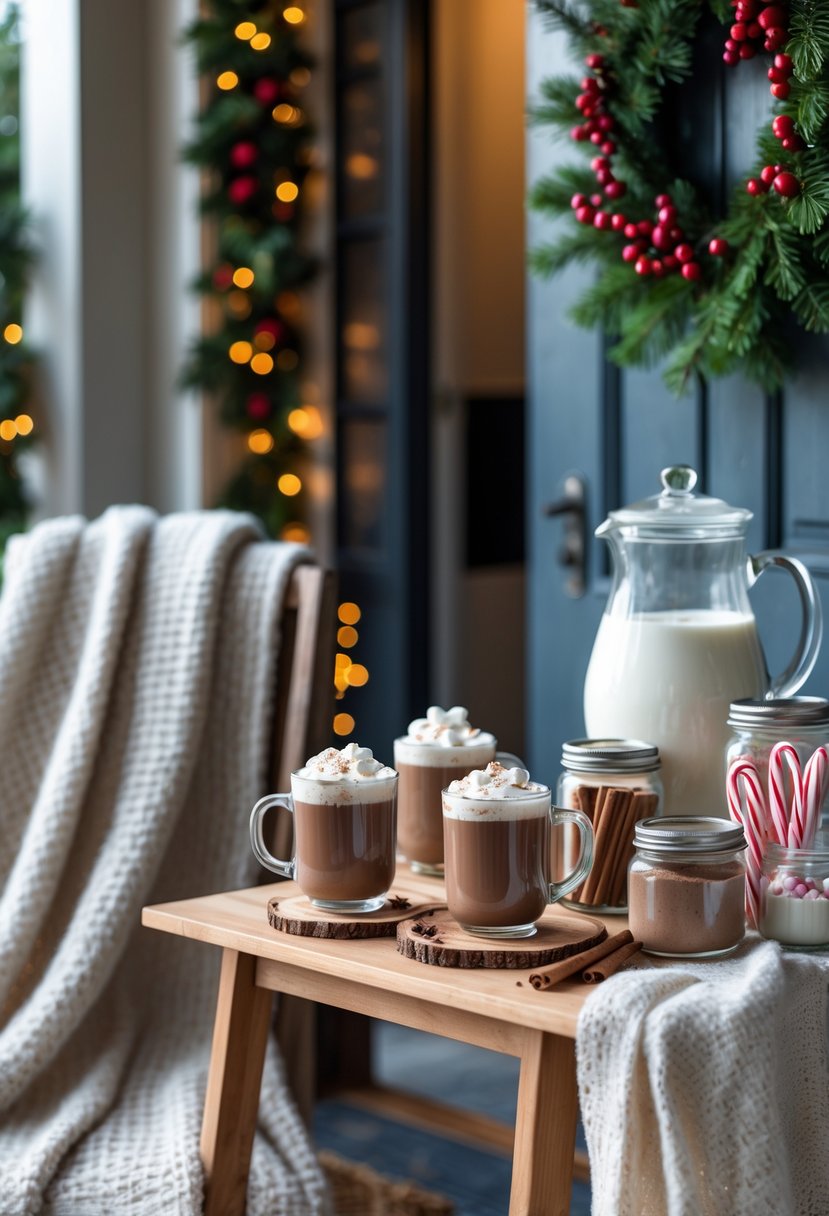 A hot cocoa station near a home's entrance with mugs of hot chocolate, festive decorations, and warm lighting.