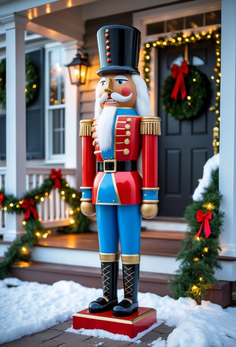 A life-sized nutcracker statue stands on a decorated porch with Christmas wreath, garlands, and string lights.