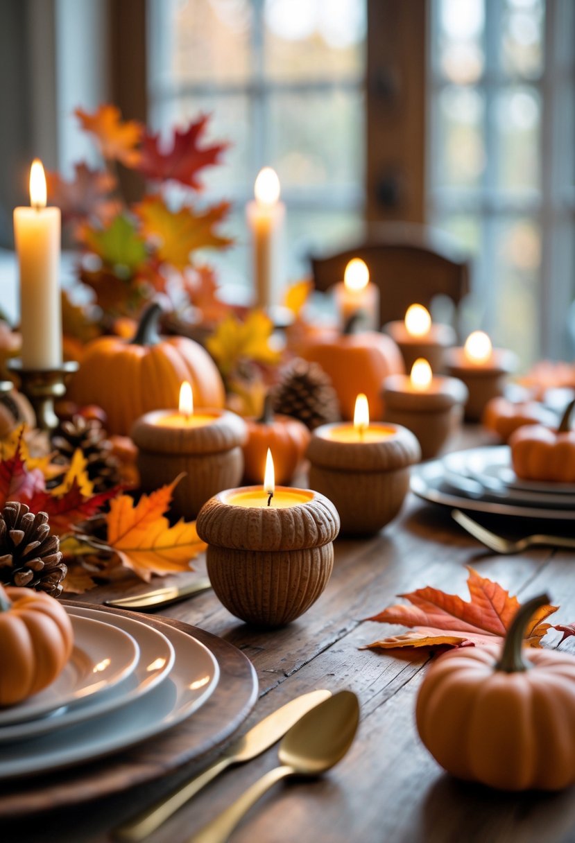 A Thanksgiving dining table decorated with acorn-shaped votive candles, autumn leaves, pumpkins, and pinecones.