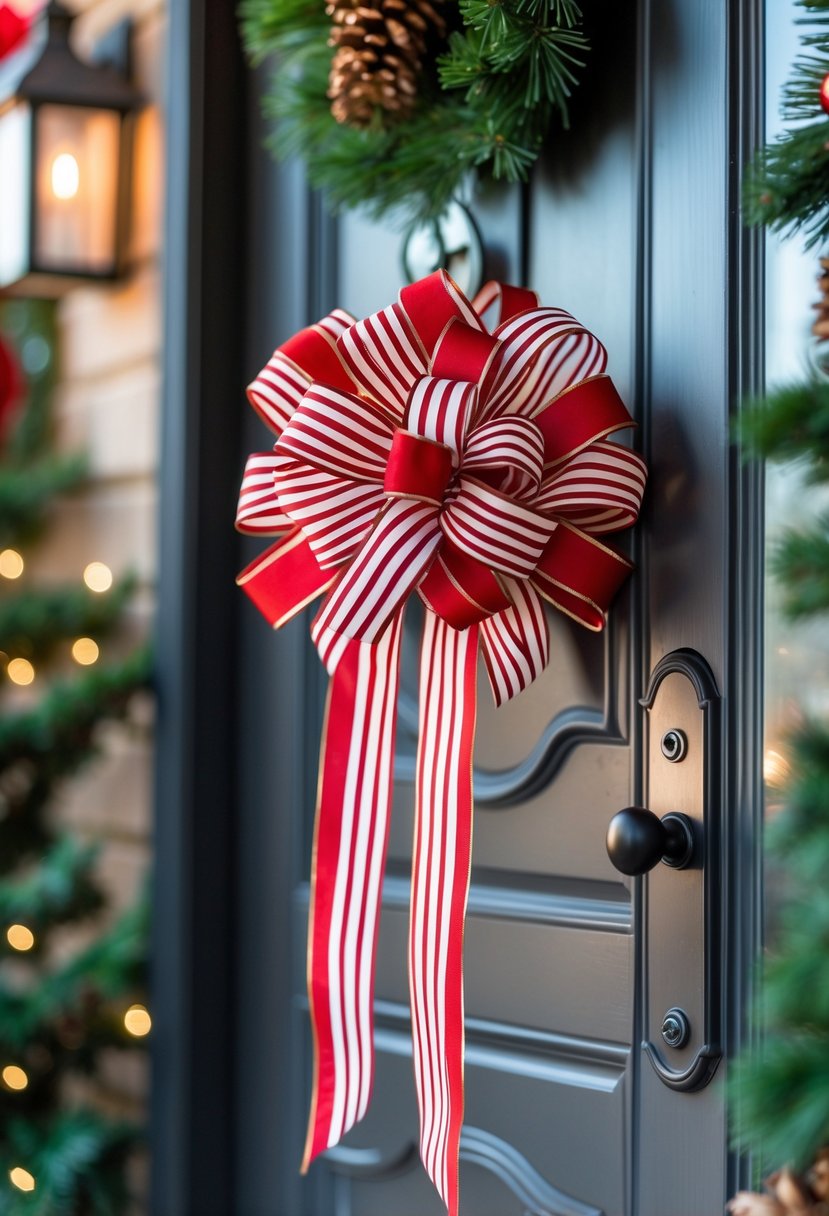 A red and white striped ribbon bow tied on a front door handle with Christmas decorations in the background.