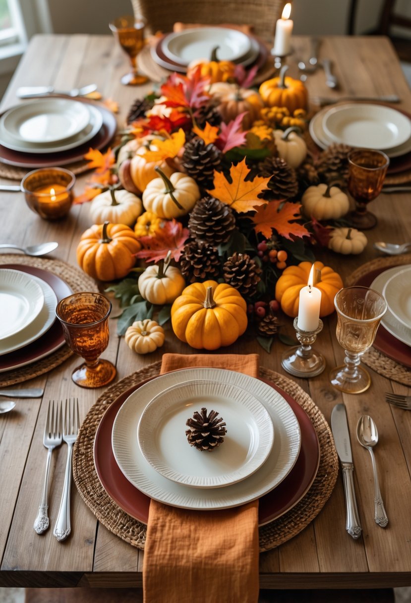 A Thanksgiving dining table set with autumn decorations, including pumpkins, leaves, candles, plates, and glassware arranged for a festive meal.